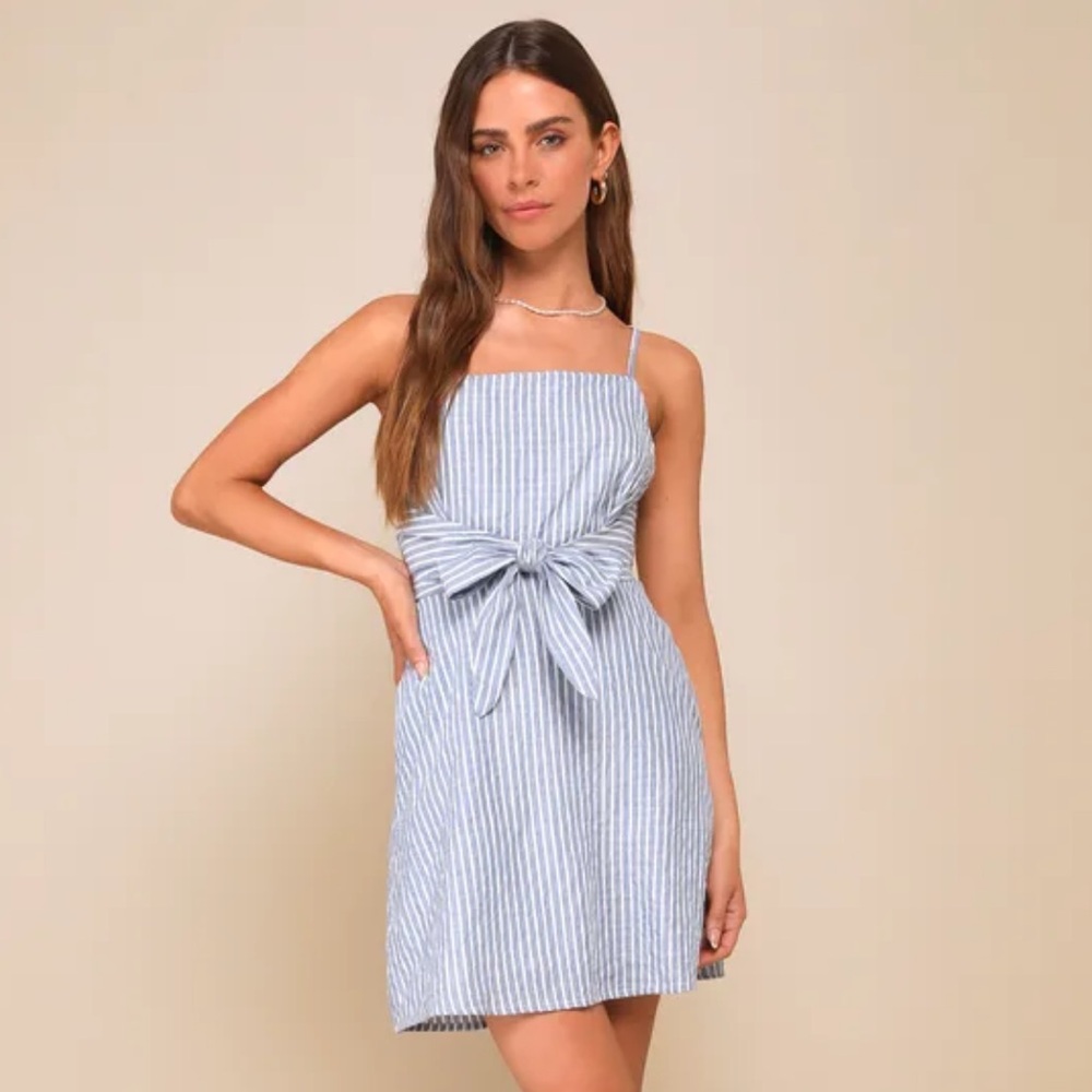 NWT! Lulus St. Tropez Trip Blue and White Striped Tie-Front Mini Dress, Sz - S